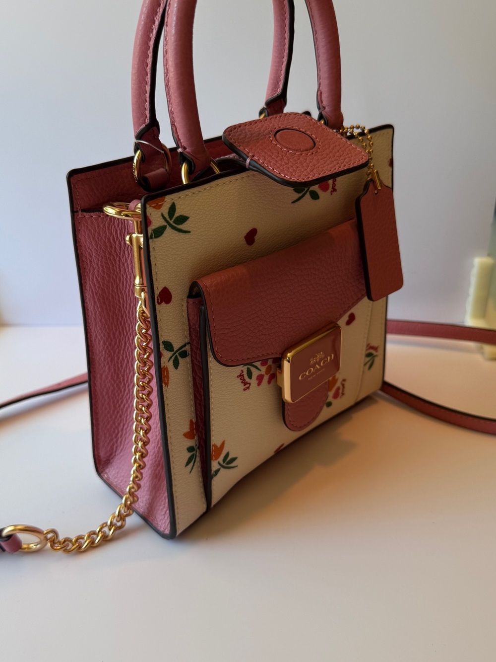 Coach Floral Mini Tote in Cream with Pink Trim - Picture 2 of 7